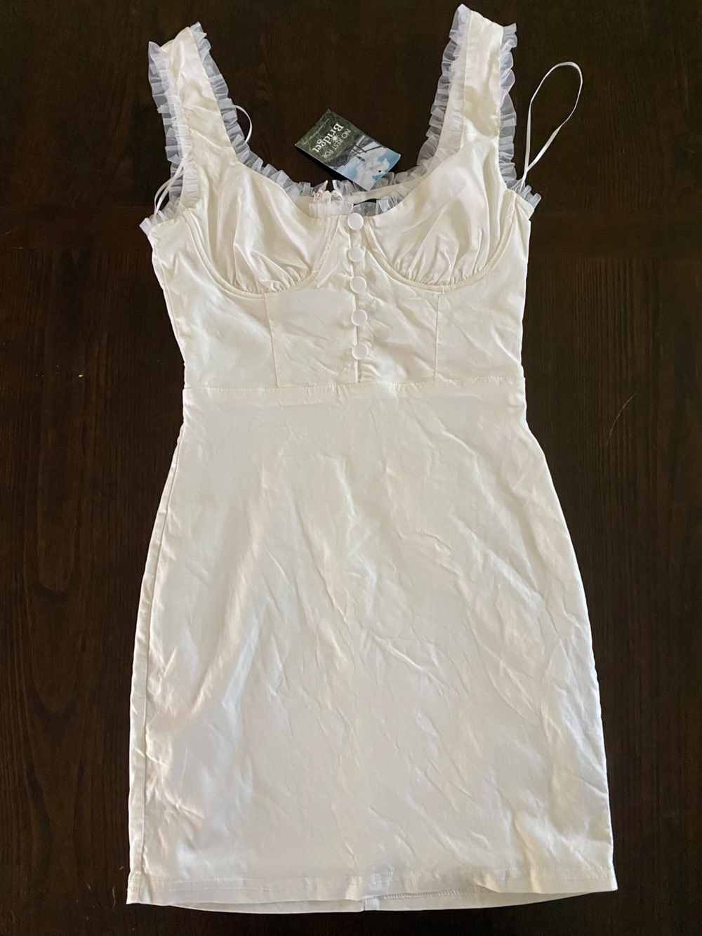 Blue Blush White Ruched Bust Slip Dress with Covered Buttons